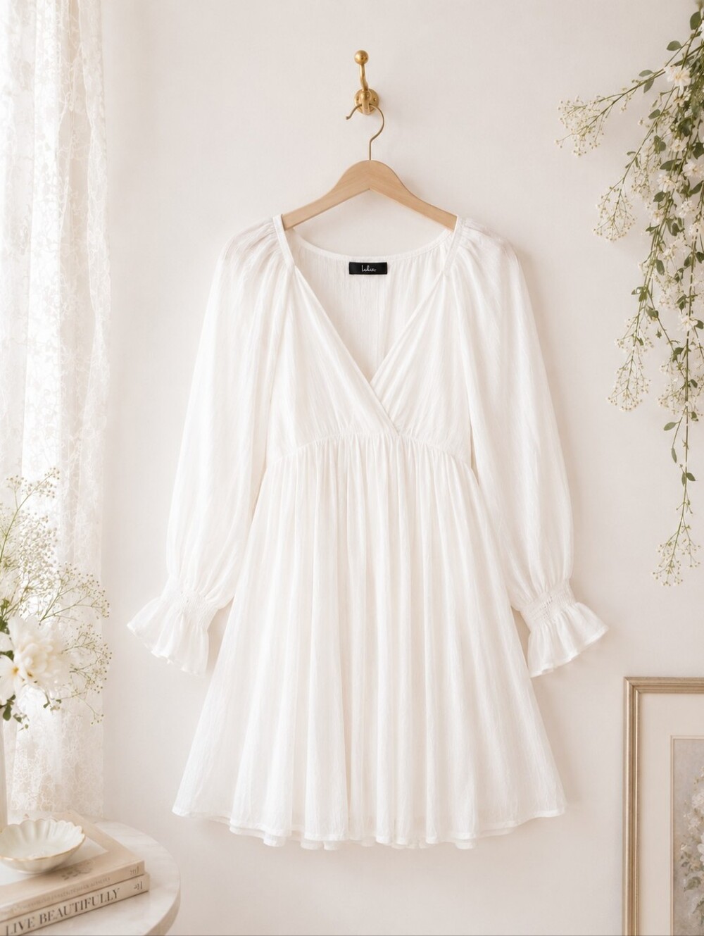 Lulus White Babydoll Mini Dress Size S Angelcore Cottagecore Romantic - Picture 5 of 7
